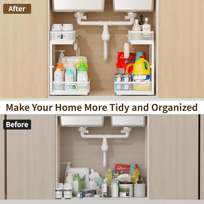 Under Sink Organizer 1 Pack, 2-Tier Slide Out Cabinet Organizer with Metal Sliding Drawer and Hooks, Pull Out Storage Baskets for Kitchen Bathroom Pantry Cabinet Organization (White (1 pack))