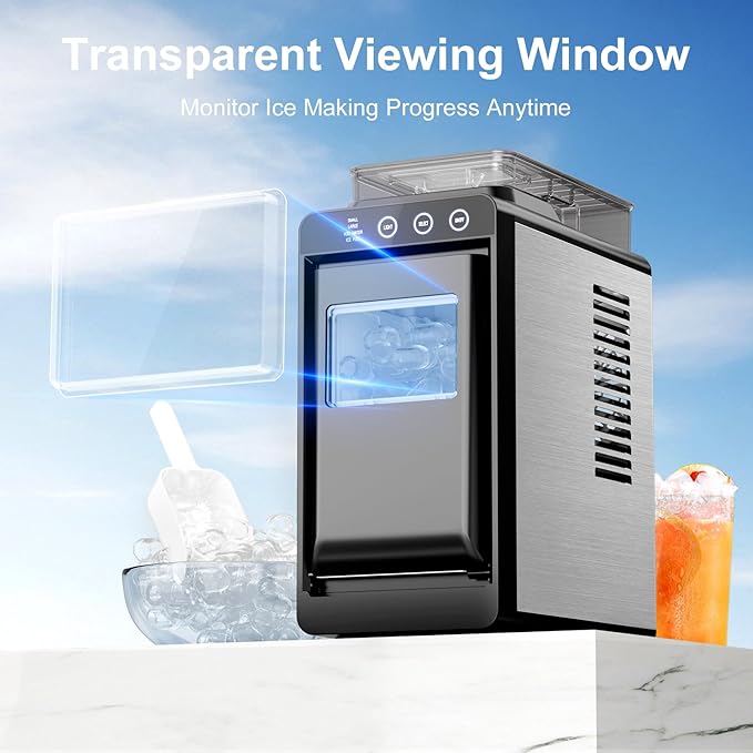 Kismile Countertop Ice Maker, 26lbs/24H Bullet Ice Machine, 8 Ice Cubes in 6 Minutes, Dual Water Tanks with 1.2L Top Tank, 2 Ice Sizes, Self-Cleaning, Compact Portable Ice Maker for Home, Kitchen & RV