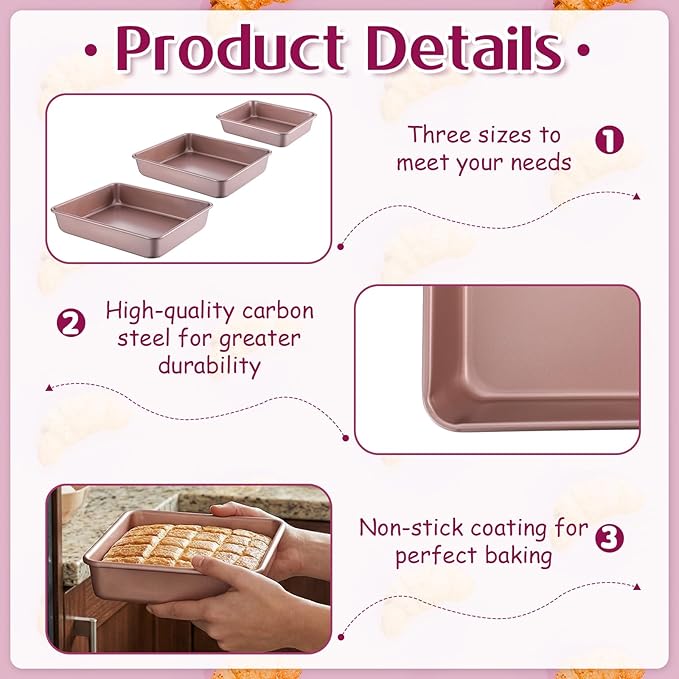 Deep Baking Pans Set of 3, Stainless Steel Sheet Cake Pan Nonstick Rectangle Cake-Baking Sheet, Metal Oven Tray 13/11/9 Inch for Cake Lasagna Brownie Casserole Cookie, Golden