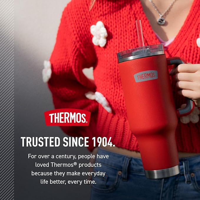 THERMOS 40 oz Stainless Steel Cupholder Mug w/Straw - White