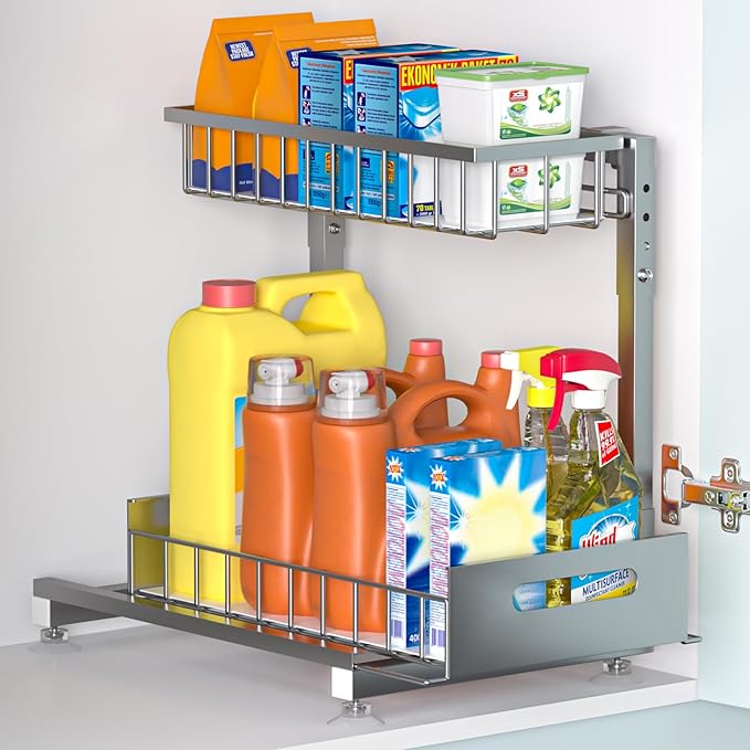 L-Shaped Under Sink Organizer, 2-Tier Pull Out Metal Kitchen Cabinet Organizer with Sliding Storage Drawer, Height Adjustable Heavy Duty Under Bathroom Sink Storage for Cleaning Supplies 1 Pack