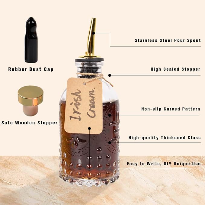 ChezMax Syrup Dispenser Bottles Set of 4, Simple Syrup Bottle for Coffee Bar Accessories, 7 oz Glass Coffee Syrup Dispenser Syrup Containers for Maple Honey Syrup Oil, with Metal Pour Spouts & Labels