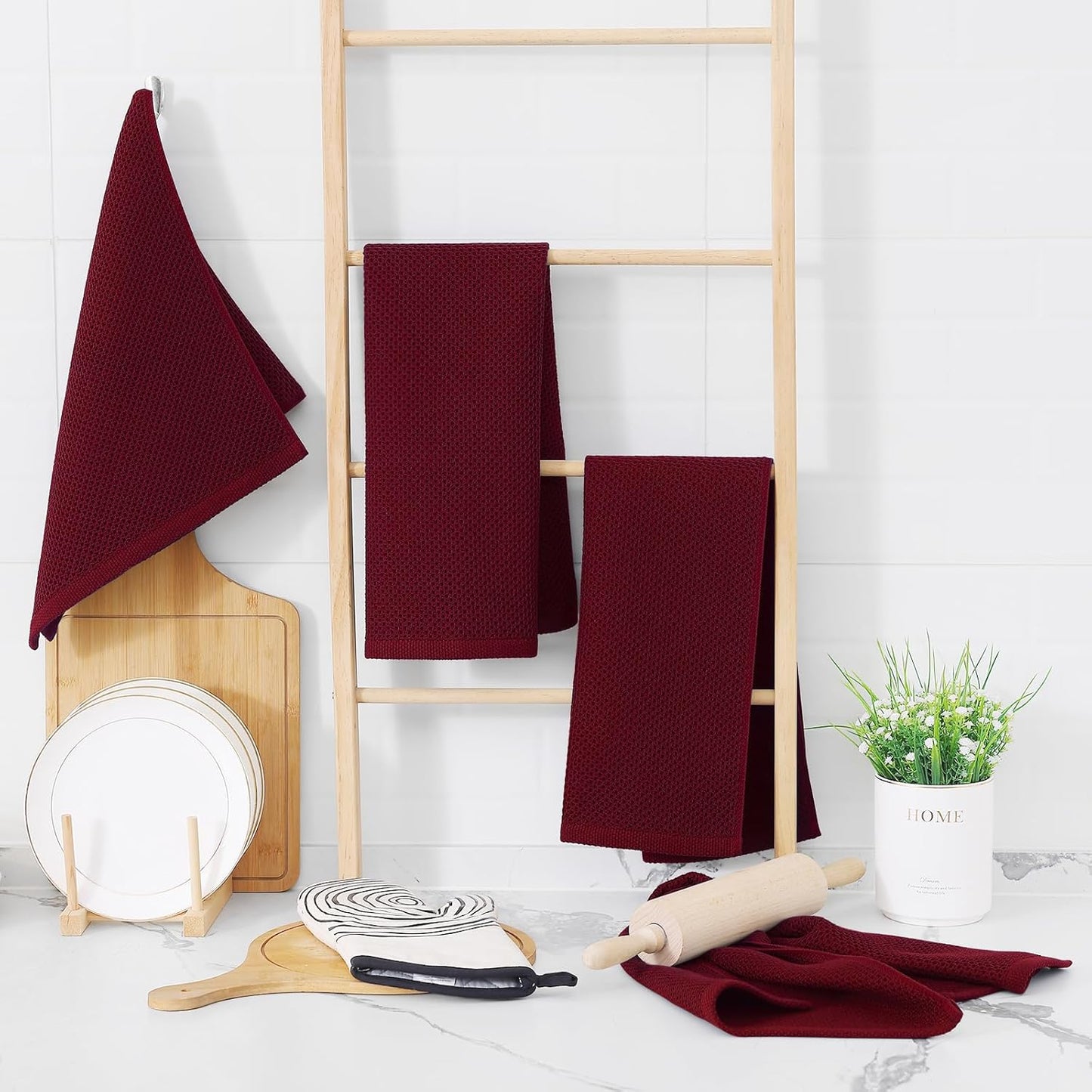 Homaxy 100% Cotton Waffle Weave Kitchen Dish Towels, Ultra Soft Absorbent Quick Drying Cleaning Towel, 13 x 28 Inches, 12-Pack, Burgundy