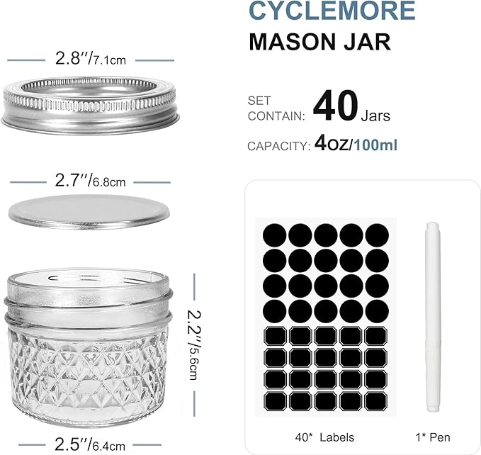 CycleMore 40 Pcs 4oz Clear Glass Mini Mason Jars With Silver Separable Lids and Diamond appearance, Small Spice Canning Jars for Honey, Jam, Jelly, Wedding Favors, Kitchen Food Storage