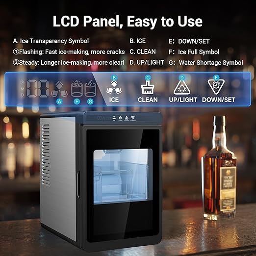 Crystal Clear Ice Cube Maker Countertop, 1.6" Large Square Ice Cube, 3Pcs Rapid in 25Mins, 150Pcs/Day, 24H Timer, Self-Cleaning Ice Maker with Adjust Ice Cube Size for Cocktails, Whiskey & Bourbon