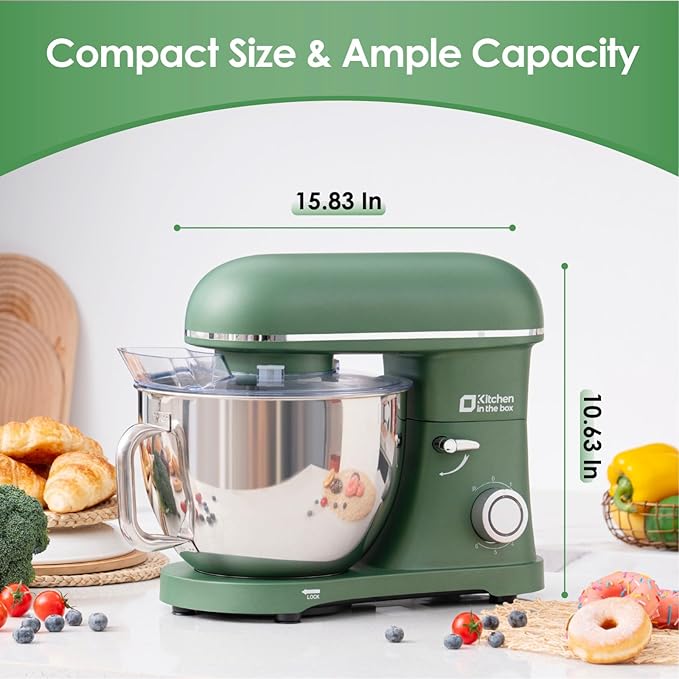 Kitchen in the box Stand Mixer - 8.5 Quart Mixing Bowl with Handle, 900 Watt Heavy Bread Dough Standing Mixers Tilt-head with Dough Hook, Whisk, Flat Beater and Splash Guard (Green)