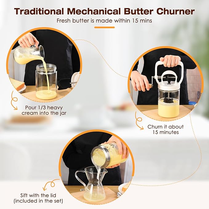 CAROD Traditional Manual Butter Churn Maker, 1.2L Capacity Glass Jar with Sifting Lid, Create Delicious Homemade Butter within 15 Min, Upgraded Design Protect from Injury