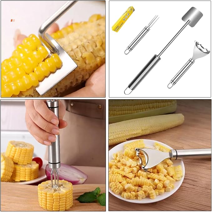 3PCS Corn Peeler Stainless Steel Corn Peeler,Stripper Tool and Corn Holder Set 2025 Corn Planer Cutter Thresher Scraper,Peel Corn Cob Separator Quick，Kitchen Gadgets