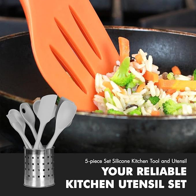 Chef Craft - Premium Silicone Kitchen Tools and Utensils Set, Non-Scratch, Withstands Temperatures up to 450°F, BPA-Free, 5 Piece Cooking Utensils Set, Gray