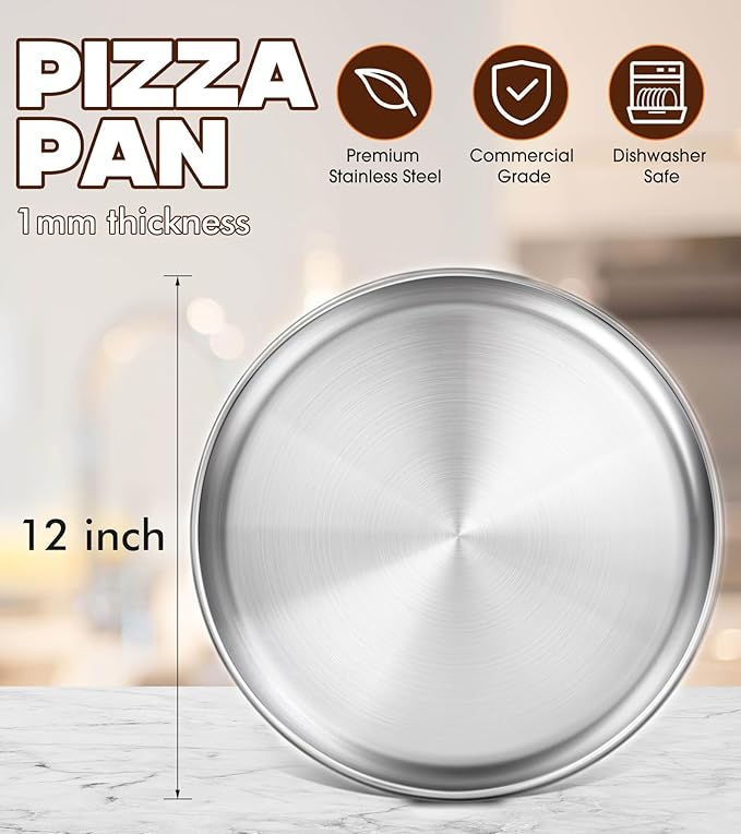 Yuiicaov Stainless Steel Pizza Pan 12 inch, Pizza Pan for Oven, Steel Pizza Tray, Thick Round Pizza Plate Pizza Baking Sheet, Easy Clean & Dishwasher Safe, Set of 1