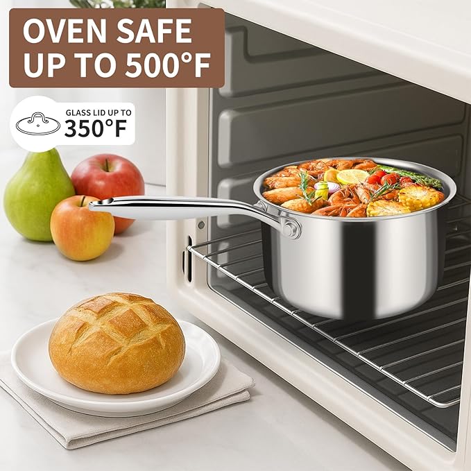 EWFEN 3 Ply Stainless Steel Sauce Pan Set with Lids, 1 & 2 Quart Multipurpose Cooking Pot, Stay-Cool Handle, Induction Oven Dishwasher Safe, 1QT & 2QT