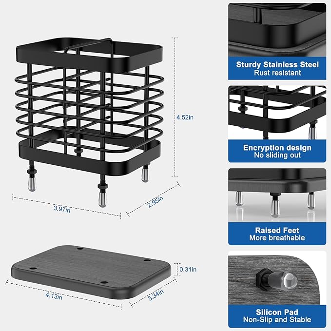Utensil Holder for Kitchen Counter, Small Stainless Steel Cutlery Holder Organizer with Drying Diatomaceous Earth Base, 2 Slots Utensil Drying Rack Spoon Fork Organizer Crock Storage, Black