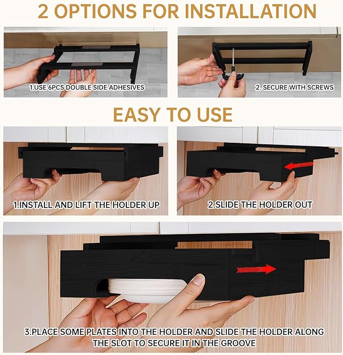 Paper Plate Dispenser, 9-inch Bamboo Paper Plate Dispenser Under Cabinet, Kitchen Counter Vertical Holder Organizer Countertop Caddy Black