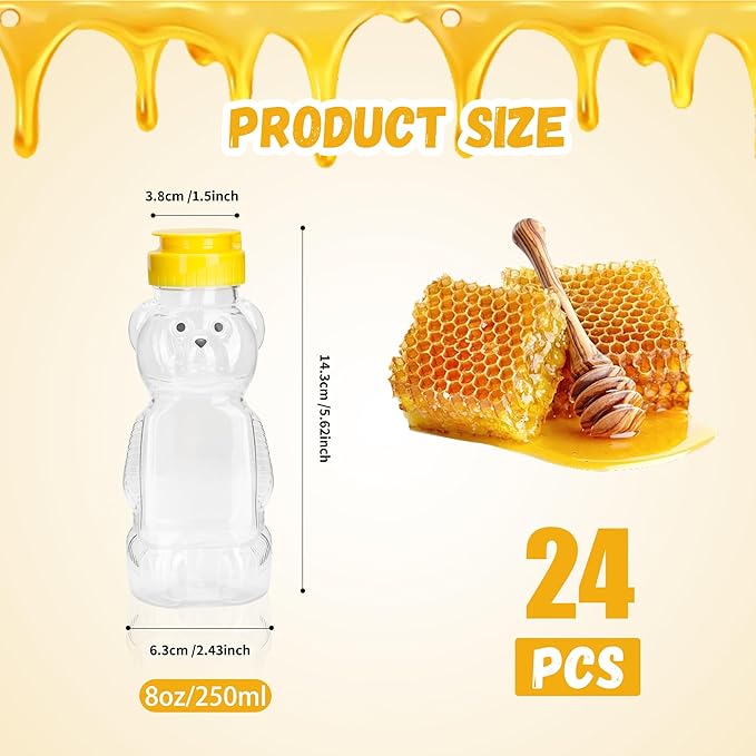 24 Pack 8 oz Plastic Honey Bear Bottle, Reusable Plastic Honey Bear Jars Bulk with Yellow Flip Top Lid for Storing and Dispensing(250ml /8 oz)