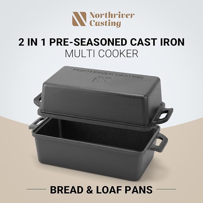 Northriver Casting 9×5 Inch Cast Iron Loaf Pan with Lid | Bread Baking Pan | Even Heat Distribution for Homemade Bread, Cake, and Meatloaf | 2 Piece Set
