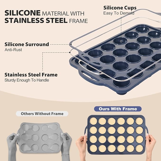 Mini Silicone Muffin Pan with Metal Frame, Non Stick Silicone Cupcake Pan with Handles 24 Cup, BPA Free Silicon Muffin Tin Tray Small for baking, egg bites, Cupcake Mold Grey