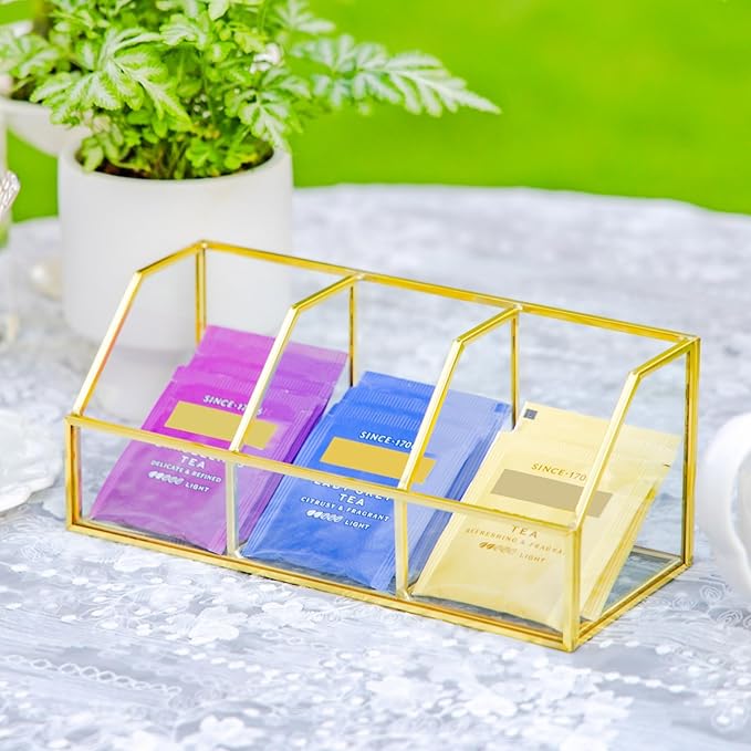 NCYP Glass Tea Bags Organizer with 3 Slots, Brass Open Display Case, Kitchen Cabinet Gold Decor Box, Indoor Counter Teabag Storage Rack, 8.7 x 3.6 x 3.6 Inches (Glass Box Only)