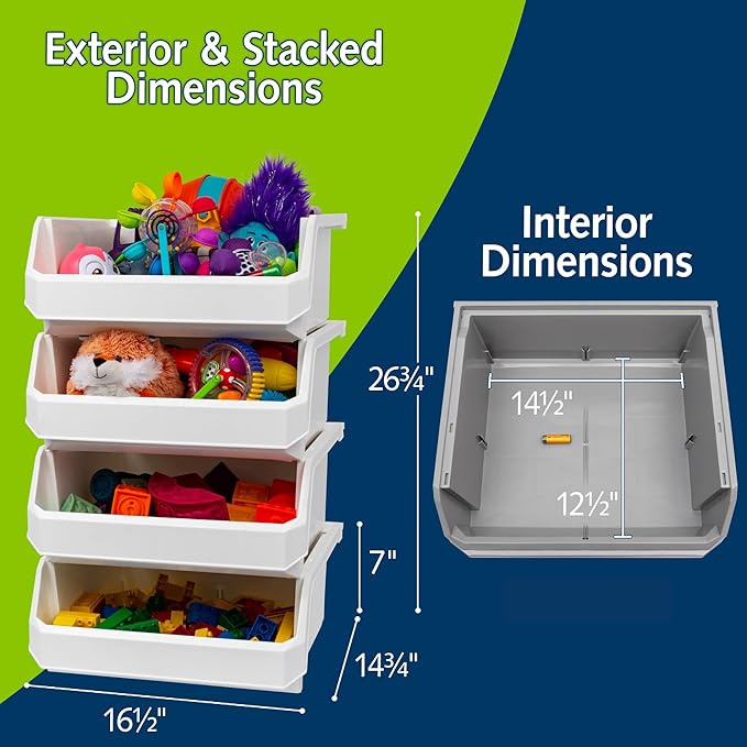 Plastic Containers for Organizing and Storage Bins for Closet, Kitchen, Office, Garage or Pantry Organization, Stackable Bins, Extra Large (14.8" x 16.5" x 7"), 4-Pack, White