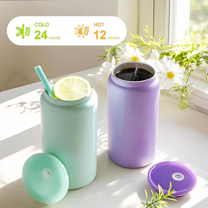 6 Pack Glass Cups with Lids and Straws Unbreakable 16 oz Stainless Steel Can Cup Double Wall Insulated Beer Can Tumbler for Iced Coffee, Juice, Soda, Bright-Colored