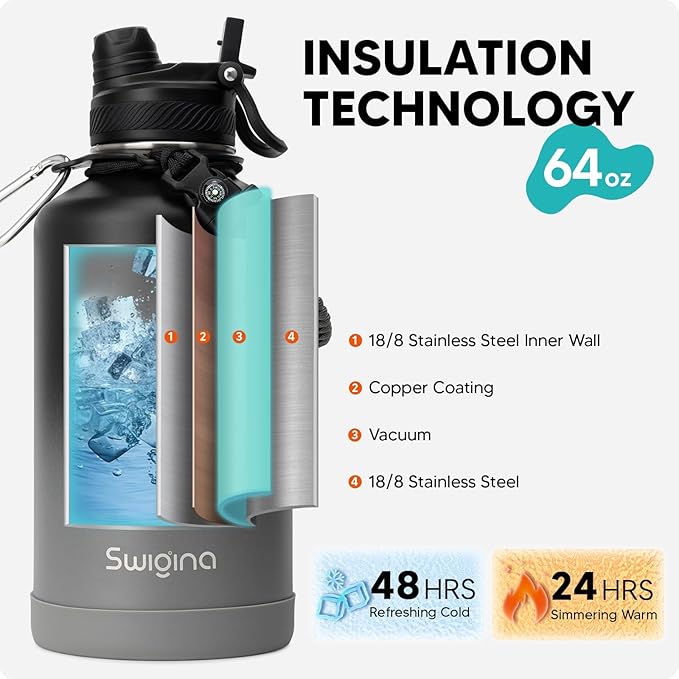 Swigina [2-IN-1 LID] 64 oz Insulated Water Bottle with Silicone Boot (48hrs Cold/24hrs Hot) - DIY Stickers, Leakproof, BPA Free, Half Gallon