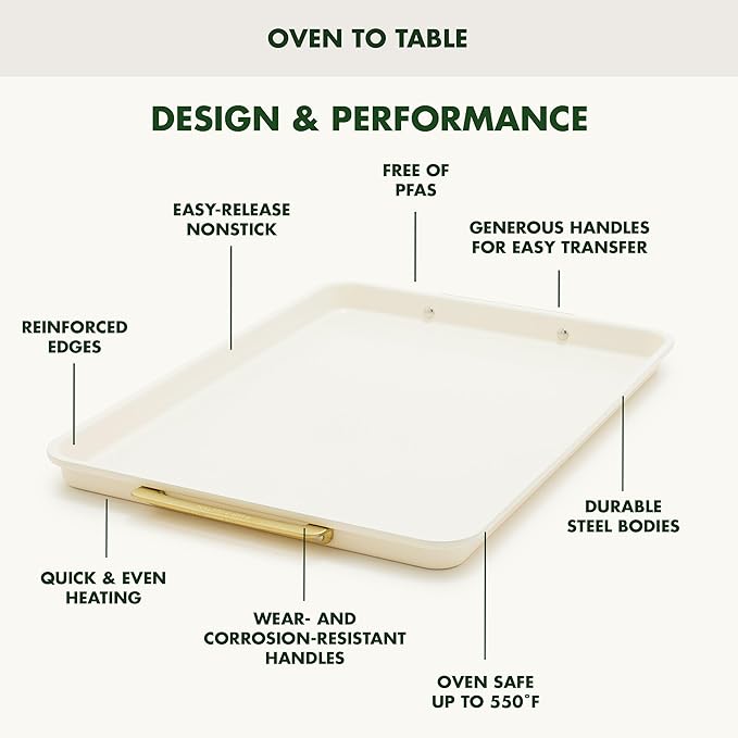 GreenPan Bakeware Set, 7 Piece Nonstick Ceramic Gold Handle Baking Sheets, Cake Pans, Loaf Pan, Muffin Tin, Cooling Rack, PFAS & BPA Free, Freezer to Oven Dish, Bake & Roast Ovenware, Cream