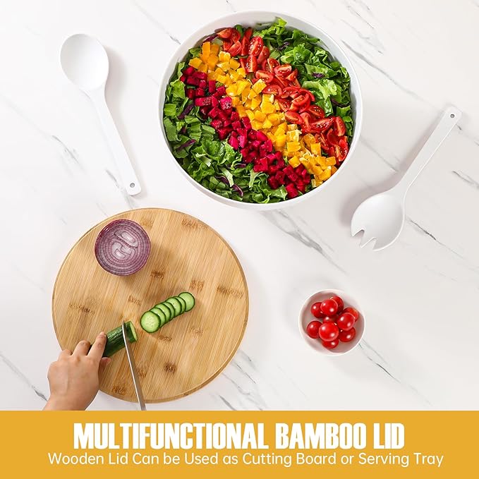 Salad Bowl with Lid, 12.6" Extra Large Bamboo Fiber Salad Bowl with Servers Set for Kitchen, Nature Bamboo Mixing and Serving Bowl with Lid, Spoon and Fork for Fruits,Salads and Vegetables (White)