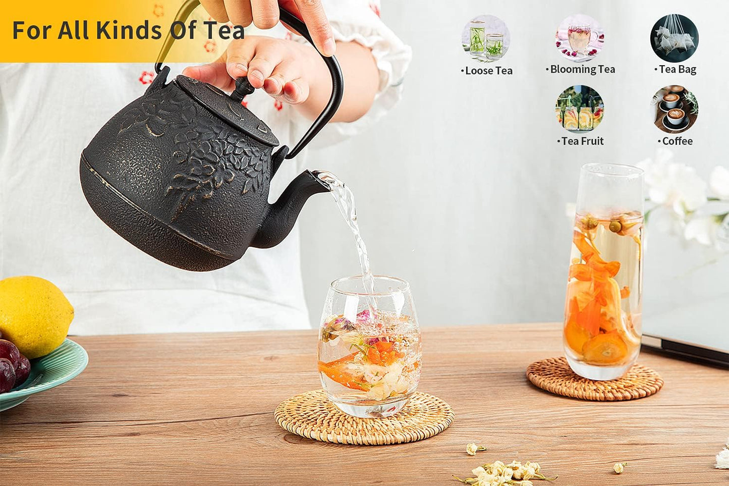 Tea Kettle, TOPTIER Japanese Cast Iron Teapot with Infuser for Loose Leaf and Tea Bags, Stovetop Safe Cast Iron Tea Kettle Coated with Enameled Interior for 40 oz (1200 ml), Beige