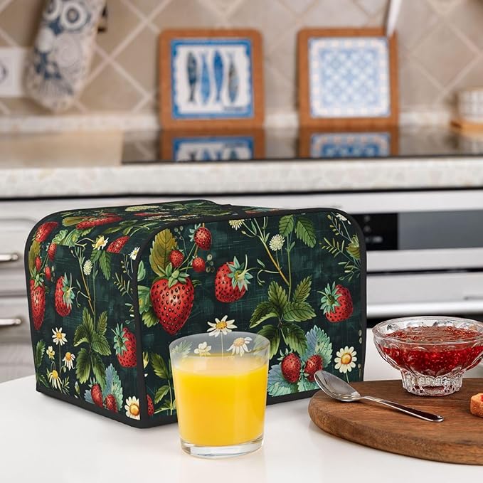 Red Strawberries Covers for 4 Slice Toasters,Cute Country Bread Machine Cover with Handle,Washable Stain Resistant Kitchen Small Appliance Cover Dining Decor