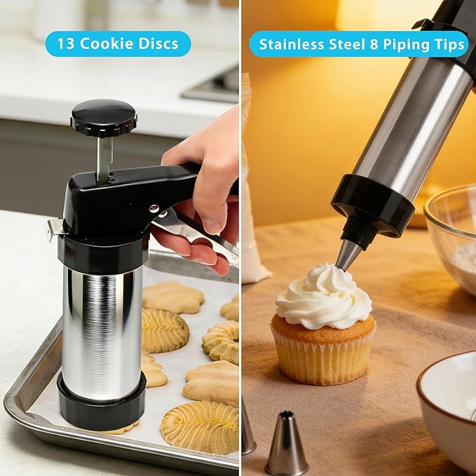 Stainless Steel Cookies Press,Cookie Press Gun Kit with 13 Cookie Discs and 8 Piping Tips for DIY Various Cookies Maker
