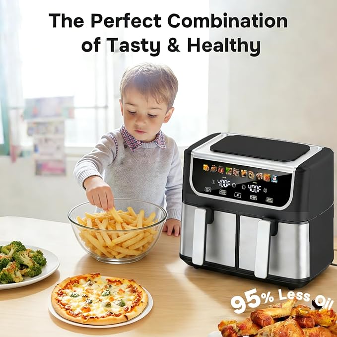 Simple Deluxe 9.5-Qt Dual Basket Air Fryer, 10-in-1 Digital Preset 1700W Airfryer, Sync Cook, Independent Temp Control, Shake Reminder, Nonstick Basket, Black