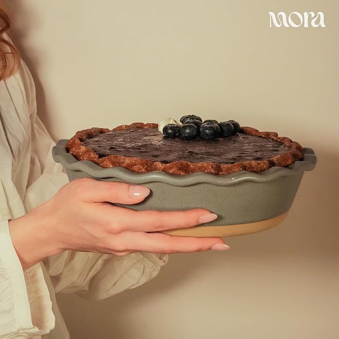 MORA Ceramic Pie Pan for Baking - 9 inch - Deep and Fluted Pie Dish for Old Fashion Apple Pie, Quiche, Pot Pies, Tart, etc - Modern Farmhouse Style Porcelain Ceramic Pie Plate - Peppercorn