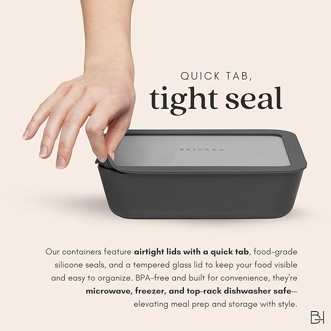 Ceramic Coated Glass Food Storage Container | No PTFE, PFOA, PFAS, and BPA | Reusable Non Toxic Meal Prep Container with Glass Lid | Easy To Store | 6 Piece Food Prep [Onyx]