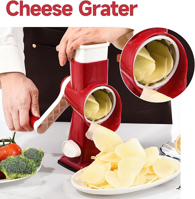 Rotary Cheese Grater with Handle Kitchen Shredder Slicer Grater Slicer Ice Shaver Cheese Vegetable Nuts Potato Zucchini Chocolate 3 Interchangeable Blades (RedWhite)