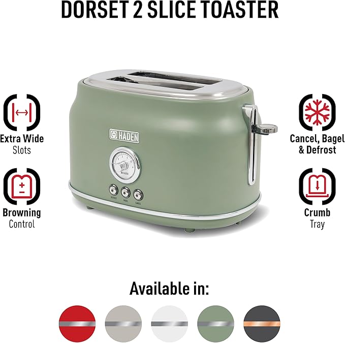Haden Dorset 2 Slice Wide Slot Stainless Steel Toaster with Adjustable Browning Control & Non Slip Feet, Cedar Green & Chrome