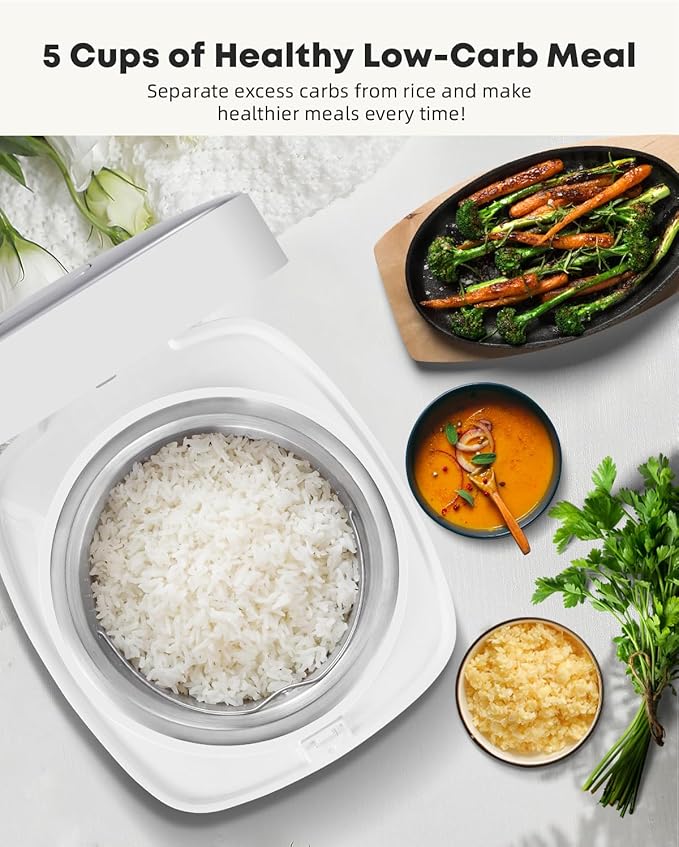 Novaspark Low Carb Rice Cooker Stainless Steel Inner Pot, Mini Stainless Steel Rice Cooker Small 5 Cup, LED Display Low Sugar Rice Maker, 24H Timer and Auto Keep Warm, White Rice/Porridge/Oatmeal