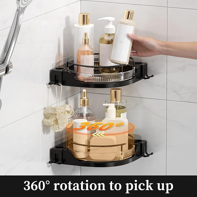 Oifecsie 360° Rotating Corner Shower Caddy (2-Pack) - Lazy Susan Bathroom Organizer with Hooks, No-Drill Adhesive Mount for Shower, Kitchen, RV, Space-Saving ABS Plastic Shower Shelf