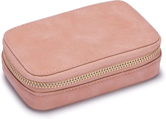 HISCOW Vegan Leather Travel Jewelry Case with Zipper - Portable Necklace & Earring Holder Organizer for Women Girls, Velvet-Lined Ring Box with Anti-Tarnish Design, Pink