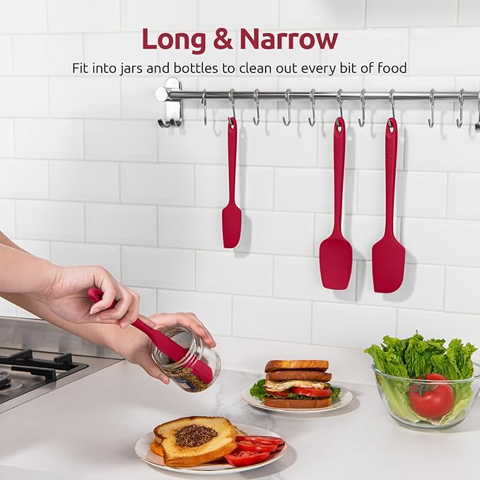 U-Taste Silicone Spatula Set: 600ºF High Heat Resistant, Seamless Food Grade Flexible Rubber Kitchen Cooking Mixing Baking Scraper for Nonstick Cookware Set of 3 (Red)