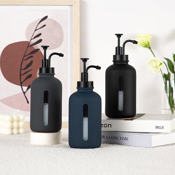 Enra Glass Soap Dispenser with Window, 17oz Dark Gray Stainless Steel Hand Pump for Bathroom Kitchen - Countertop Lotion Bottle (Dark Gray-Round-Liquid)