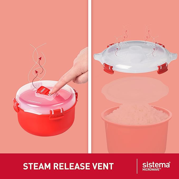 Sistema Heat & Eat Microwaveable Rice Cooker & Food Container Set with Steam Release Vents, Microwave Rice Cooker & Round Food Storage Container, Dishwasher & Freezer-Safe, BPA-Free