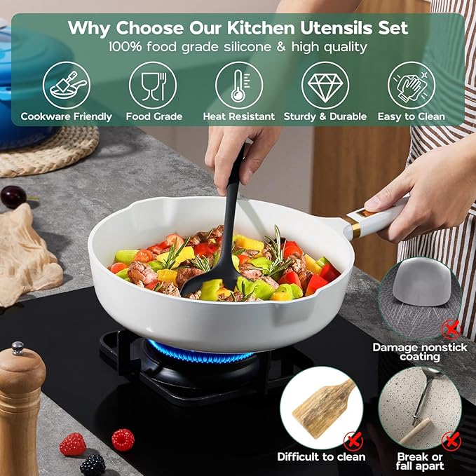 Onader Cooking Utensils Set of 6, Black Silicone Kitchen Cooking Utensils Set for Nonstick Cookware, Non Toxic & Dishwasher Safe