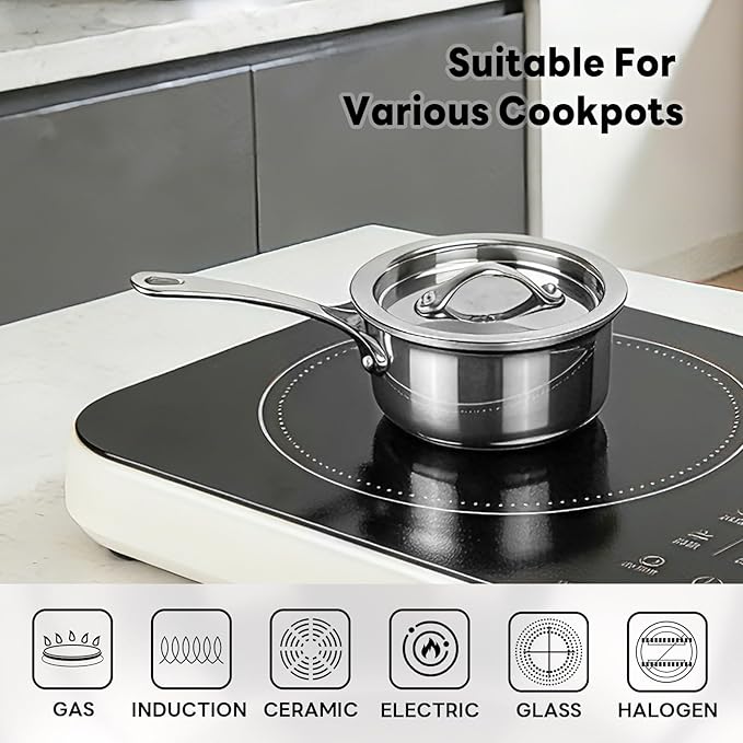 Macevia Mini Sauce Pan with Lid, Stainless Steel Butter Warmer Small Pot, For All Stoves Multipurpose Use for Home Kitchen or Restaurant (10.8oz/320ml) - Silver