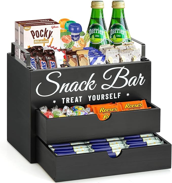 Snack Organizer for Countertop, Wood Pantry Storage Bins with Handles, Snack Organizer for Pantry, Kitchen, 4 Compartment Food Container Snack Box with 2 Drawers, Pantry Organizer for Snacks, Chips