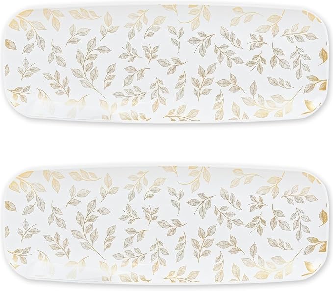 Rectangle Gold Leaves White Serving Tray (2-Pack) - 17.5" Disposable Serving Platter for Appetizer, Fruits & Serving Dishes | Perfect Plastic Tray for Party Serveware