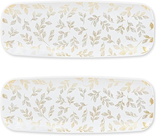 Rectangle Gold Leaves White Serving Tray (2-Pack) - 17.5" Disposable Serving Platter for Appetizer, Fruits & Serving Dishes | Perfect Plastic Tray for Party Serveware