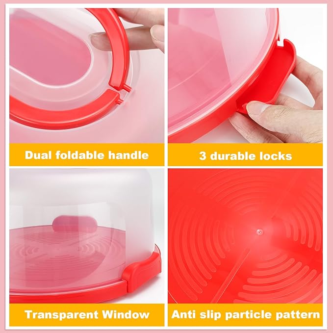 Cake Carrier with Lid and Handle, Fit 10’’ Cake Stand with Lid, Cake Transport Storage Container, Cake Containers Cover Stand with Lids, 3 Secure Side Closures (Red)