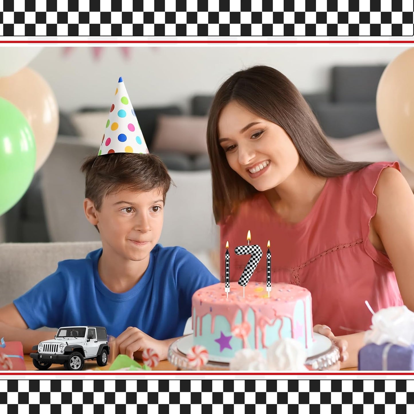 13 Pcs Racing Cars Themed Birthday Candles Black and White Race Number 7 Checkered Candle Cake Topper for Racing Car Party Decoration Supplies (Number 7)