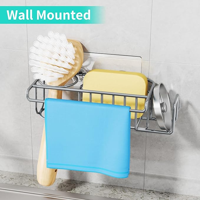HapiRm Sink Caddy Sponge Holder - No Drill Sponge Holder for Kitchen Sink, Rustproof and Waterproof Kitchen Organizer - Grey