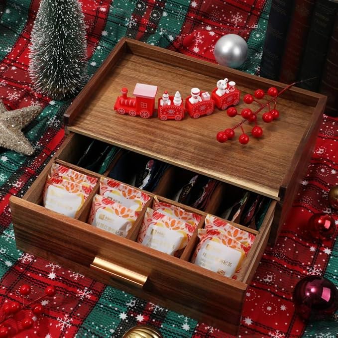 Tea Organizers and Storage Box Tea Station organizer for Countertop with 4 Cotton Woven Coasters Acacia Wood Tea Bag Organizer Drawer Teabag Holder with 8 Compartments Wooden Sugar Packet Holder