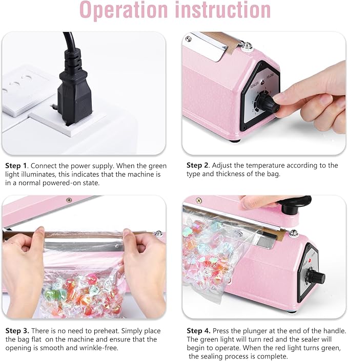 METRONIC Impulse Sealer 12 inch, Manual Heat Sealer Machine for Plastic Bags, Shrink Wrap Bag Sealers Heavy Duty Sealing Machine with Repair Kit (Pink)